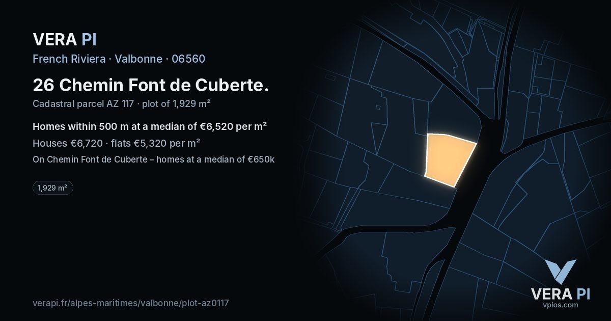26 Chemin Font de Cuberte, Valbonne at night – the plot lit, the parcels around coloured by the prices near them