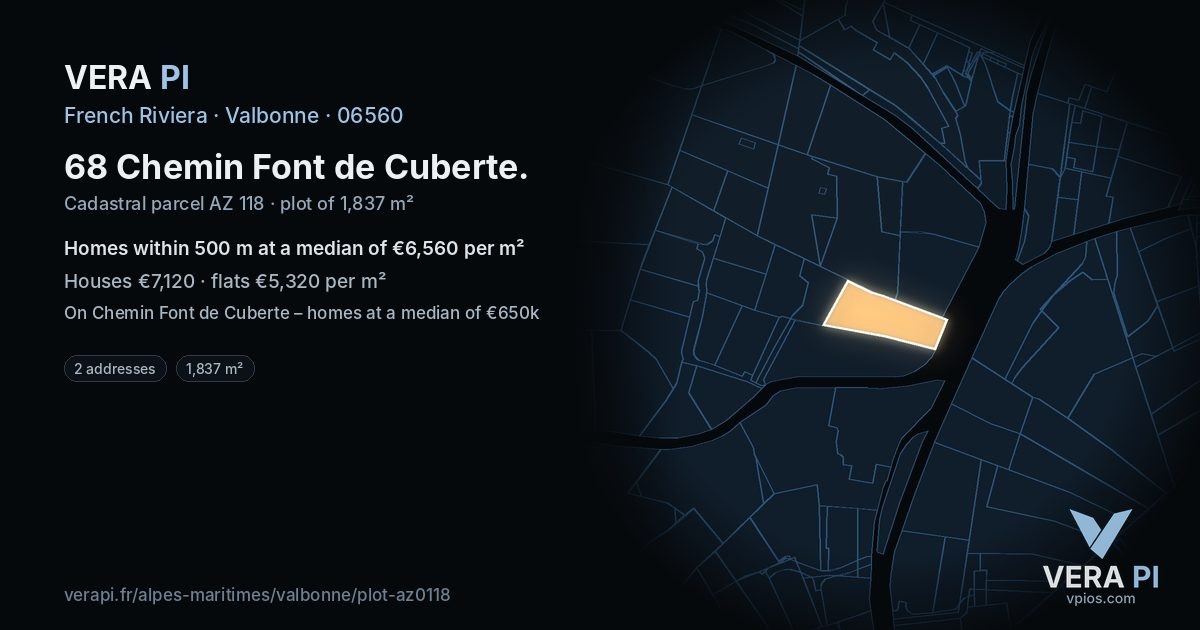 68 Chemin Font de Cuberte, Valbonne at night – the plot lit, the parcels around coloured by the prices near them