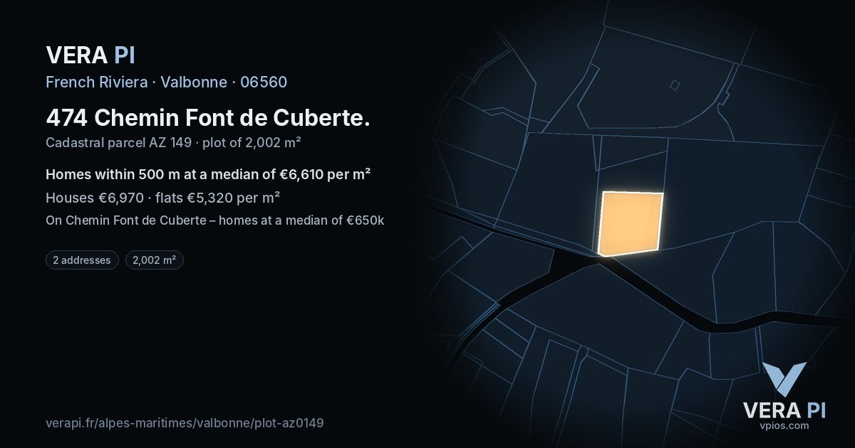 474 Chemin Font de Cuberte, Valbonne at night – the plot lit, the parcels around coloured by the prices near them