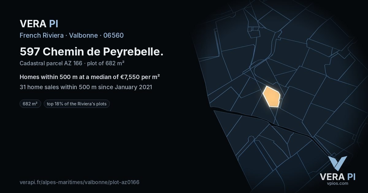 597 Chemin de Peyrebelle, Valbonne at night – the plot lit, the parcels around coloured by the prices near them