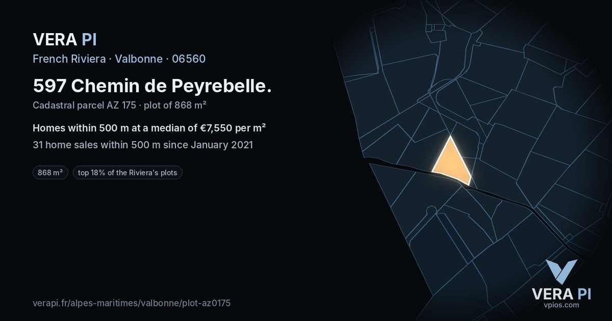 597 Chemin de Peyrebelle, Valbonne at night – the plot lit, the parcels around coloured by the prices near them