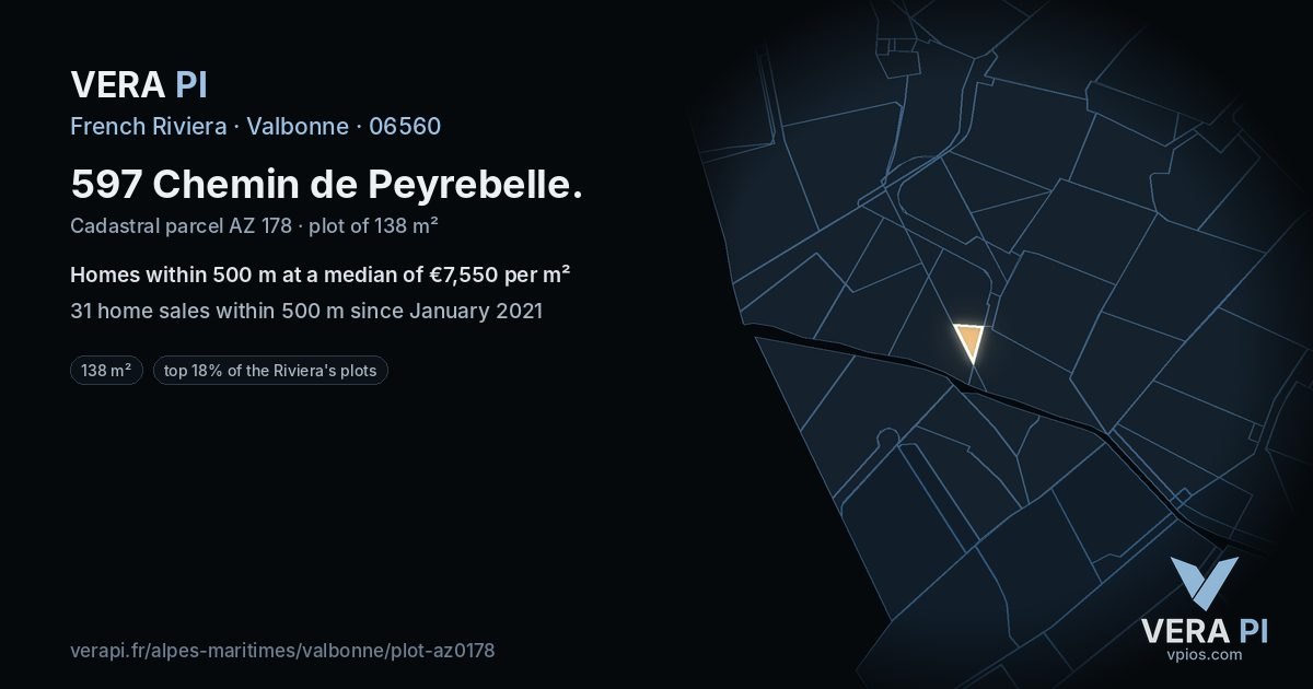 597 Chemin de Peyrebelle, Valbonne at night – the plot lit, the parcels around coloured by the prices near them