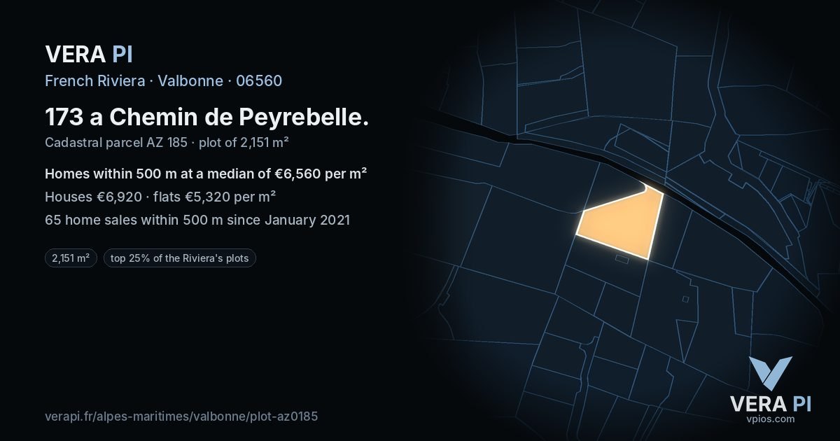 173 a Chemin de Peyrebelle, Valbonne at night – the plot lit, the parcels around coloured by the prices near them