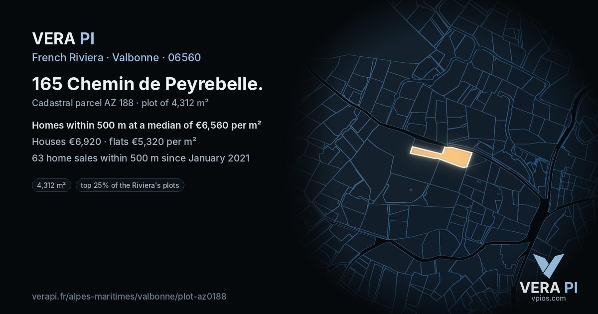 165 Chemin de Peyrebelle, Valbonne at night – the plot lit, the parcels around coloured by the prices near them