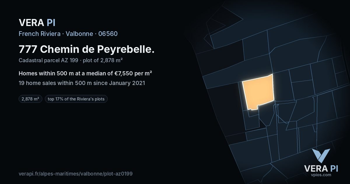 777 Chemin de Peyrebelle, Valbonne at night – the plot lit, the parcels around coloured by the prices near them