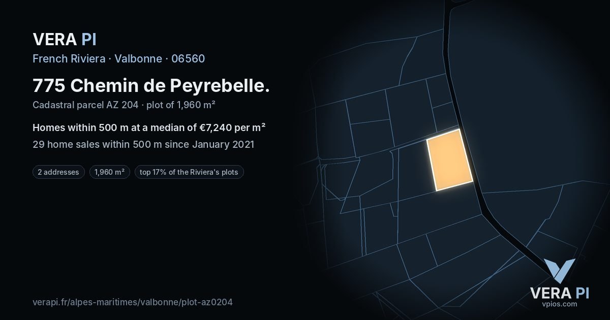 775 Chemin de Peyrebelle, Valbonne at night – the plot lit, the parcels around coloured by the prices near them