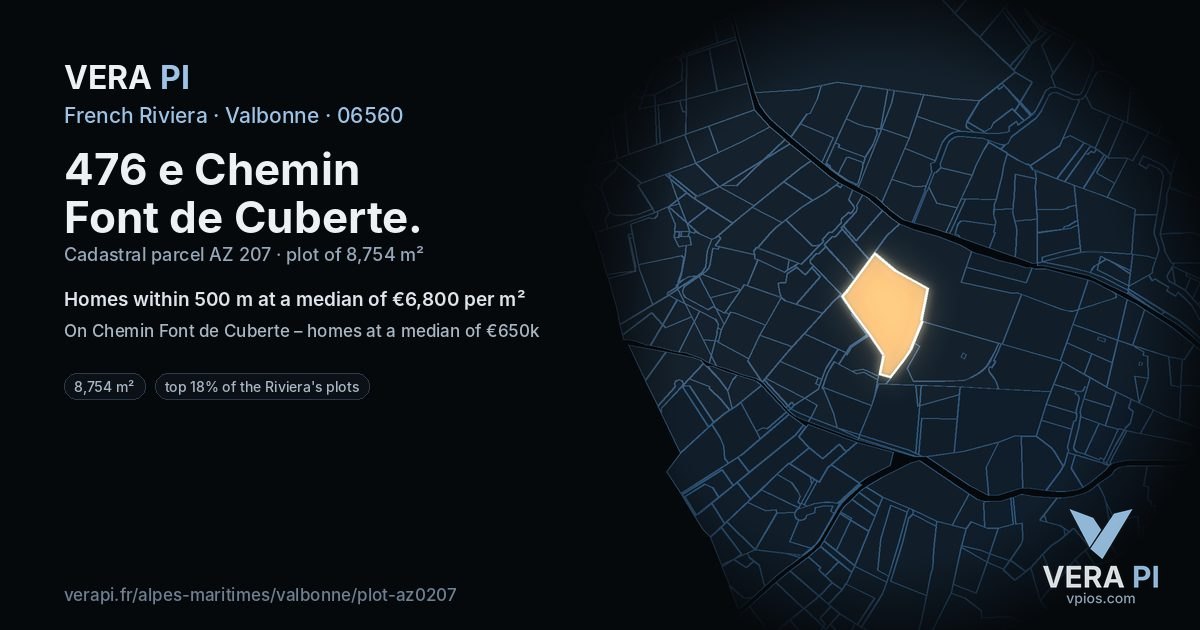 476 e Chemin Font de Cuberte, Valbonne at night – the plot lit, the parcels around coloured by the prices near them