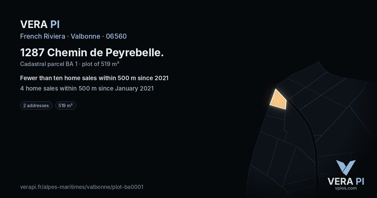 1287 Chemin de Peyrebelle, Valbonne at night – the plot lit, the parcels around coloured by the prices near them