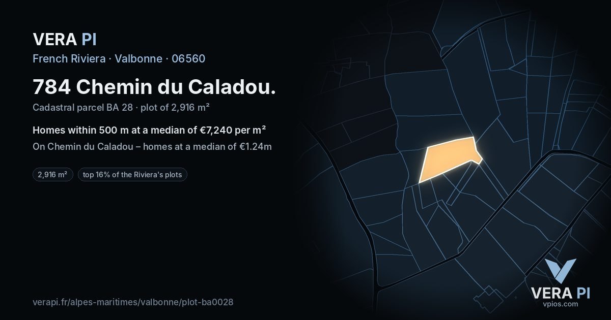 784 Chemin du Caladou, Valbonne at night – the plot lit, the parcels around coloured by the prices near them