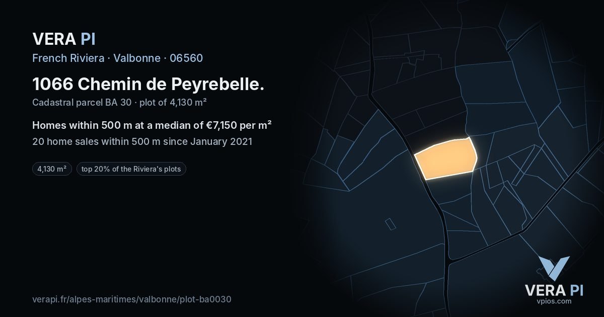 1066 Chemin de Peyrebelle, Valbonne at night – the plot lit, the parcels around coloured by the prices near them