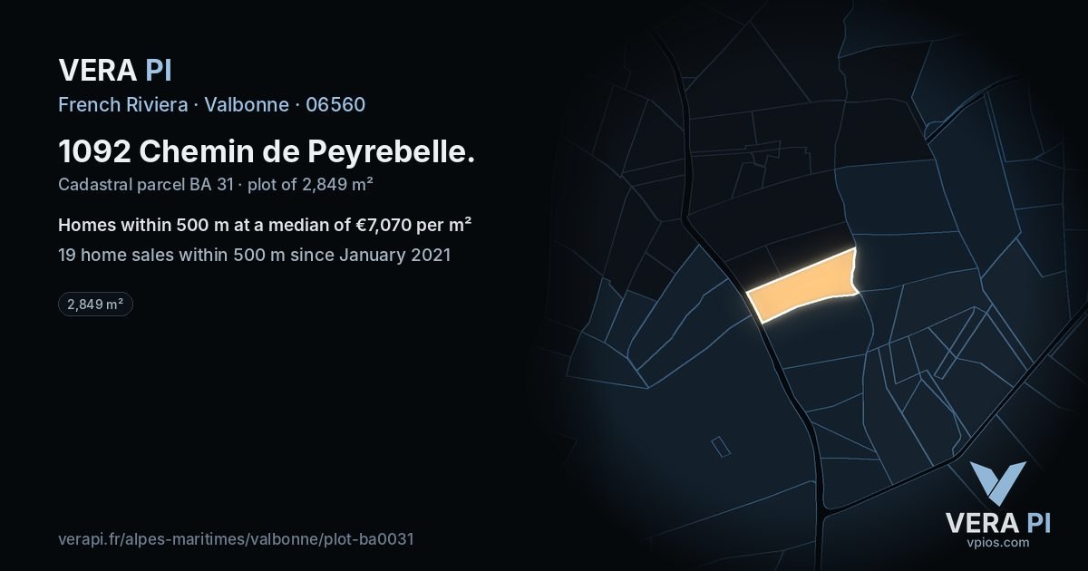 1092 Chemin de Peyrebelle, Valbonne at night – the plot lit, the parcels around coloured by the prices near them