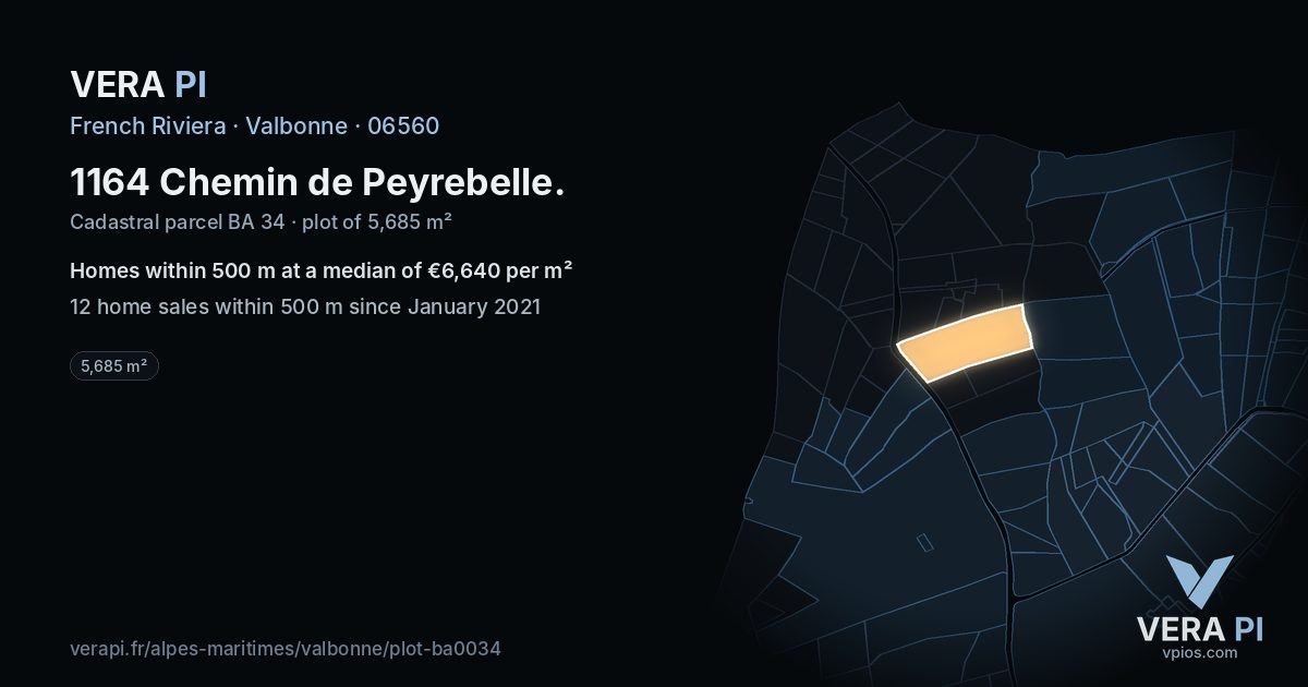 1164 Chemin de Peyrebelle, Valbonne at night – the plot lit, the parcels around coloured by the prices near them