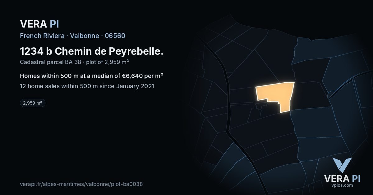 1234 b Chemin de Peyrebelle, Valbonne at night – the plot lit, the parcels around coloured by the prices near them