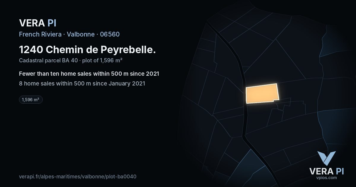 1240 Chemin de Peyrebelle, Valbonne at night – the plot lit, the parcels around coloured by the prices near them