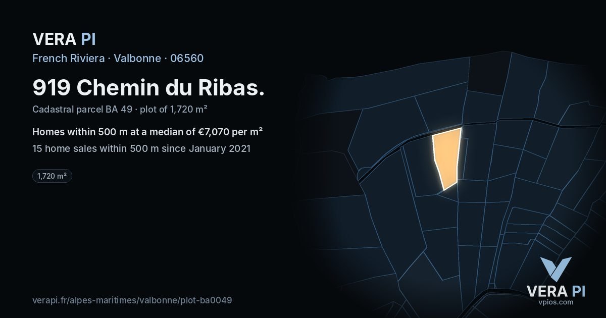 919 Chemin du Ribas, Valbonne at night – the plot lit, the parcels around coloured by the prices near them