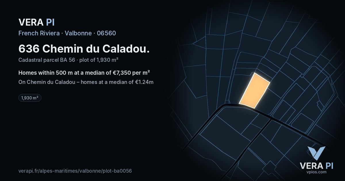 636 Chemin du Caladou, Valbonne at night – the plot lit, the parcels around coloured by the prices near them