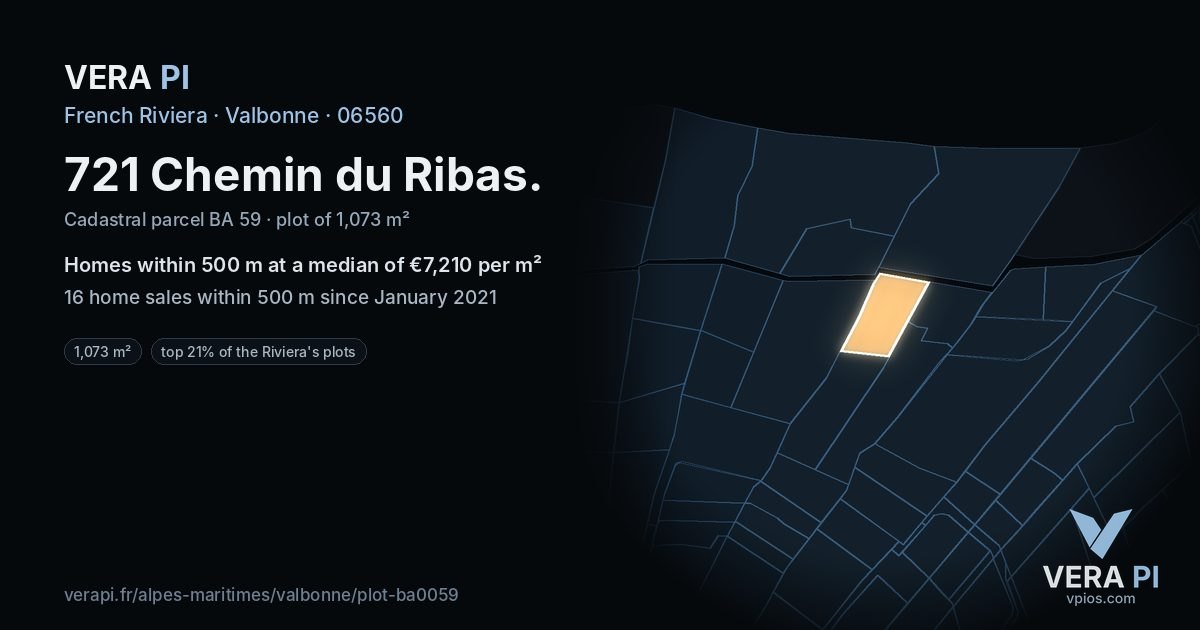 721 Chemin du Ribas, Valbonne at night – the plot lit, the parcels around coloured by the prices near them