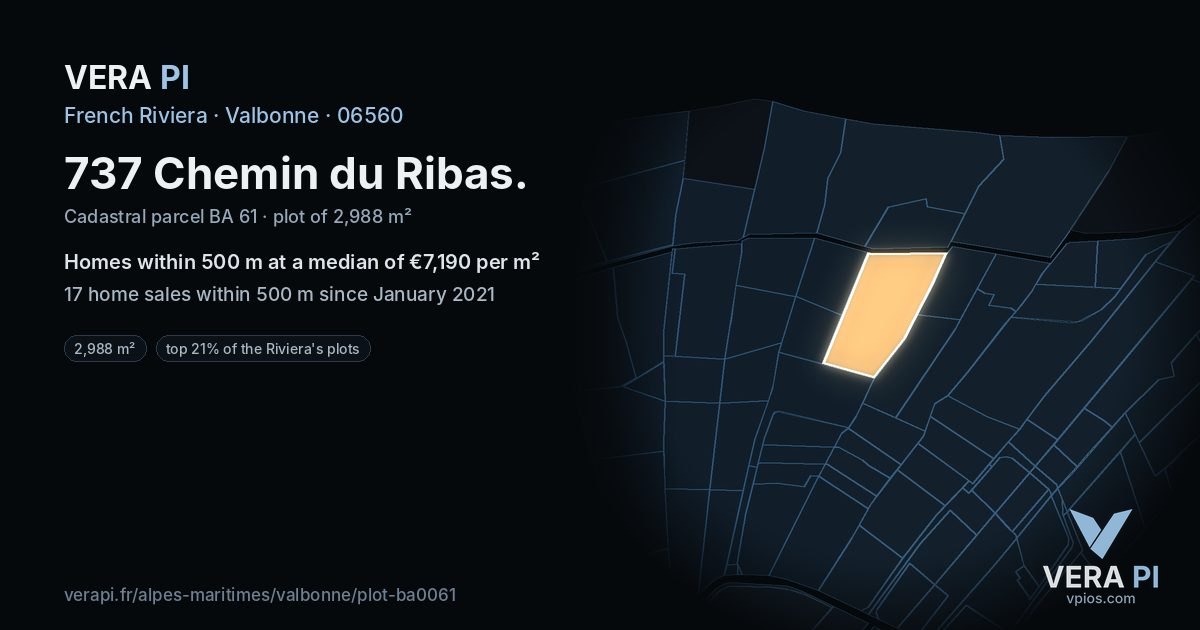 737 Chemin du Ribas, Valbonne at night – the plot lit, the parcels around coloured by the prices near them