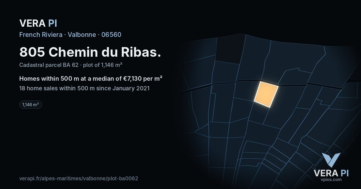 805 Chemin du Ribas, Valbonne at night – the plot lit, the parcels around coloured by the prices near them