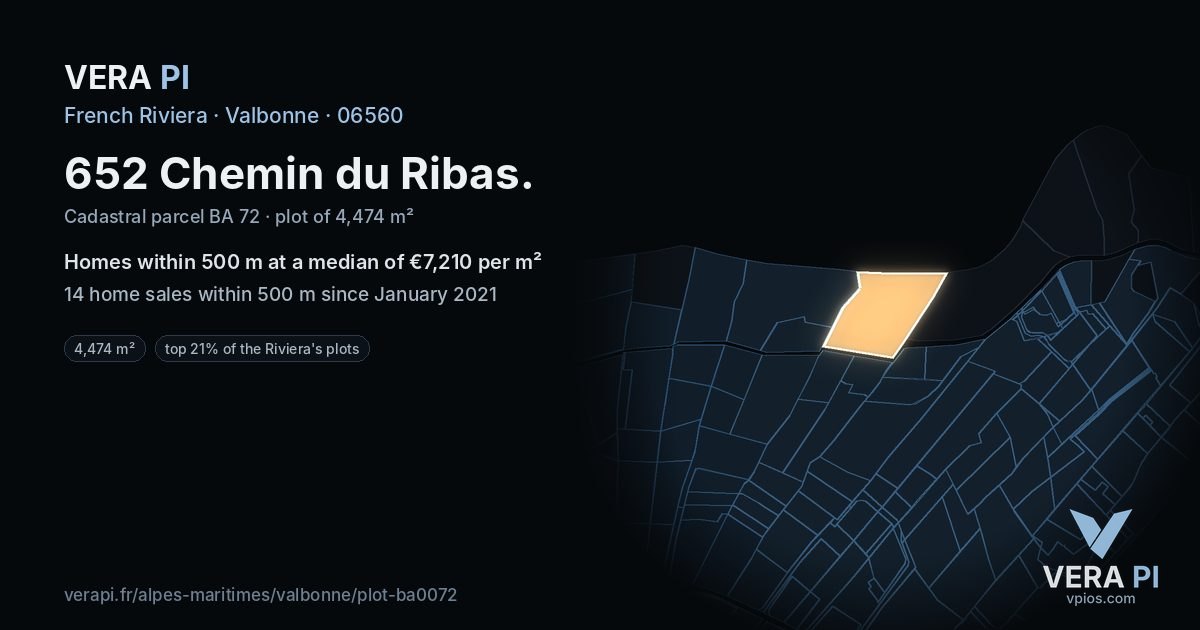 652 Chemin du Ribas, Valbonne at night – the plot lit, the parcels around coloured by the prices near them
