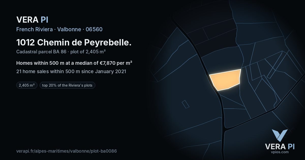1012 Chemin de Peyrebelle, Valbonne at night – the plot lit, the parcels around coloured by the prices near them