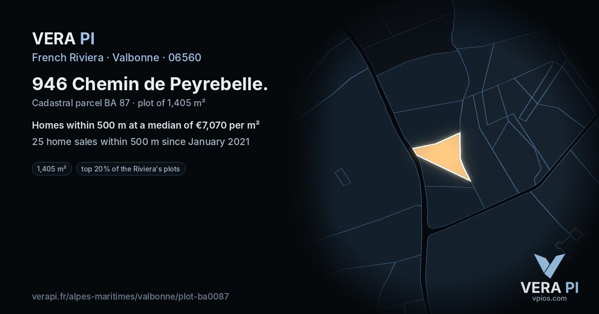 946 Chemin de Peyrebelle, Valbonne at night – the plot lit, the parcels around coloured by the prices near them