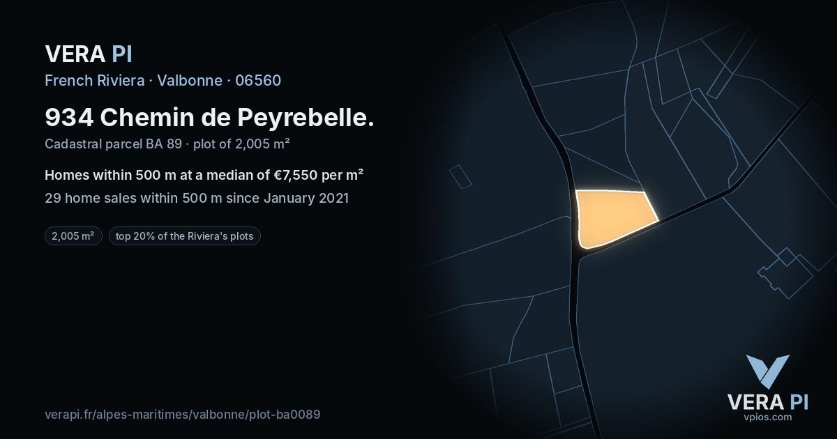 934 Chemin de Peyrebelle, Valbonne at night – the plot lit, the parcels around coloured by the prices near them