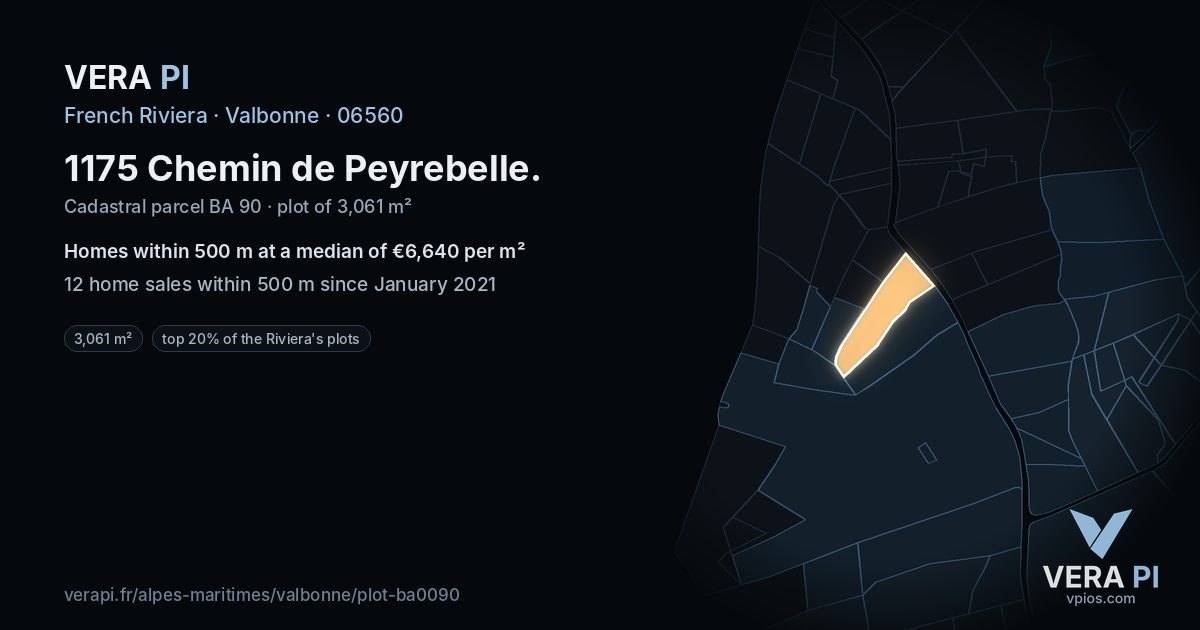 1175 Chemin de Peyrebelle, Valbonne at night – the plot lit, the parcels around coloured by the prices near them
