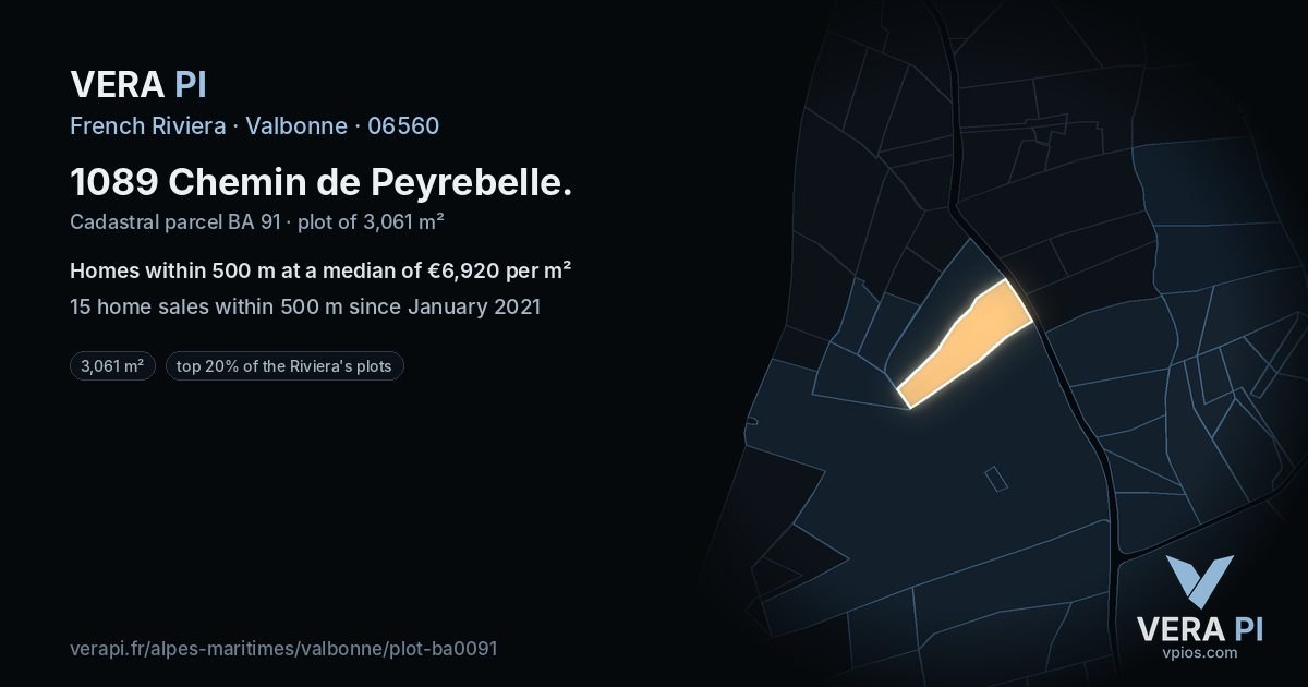 1089 Chemin de Peyrebelle, Valbonne at night – the plot lit, the parcels around coloured by the prices near them