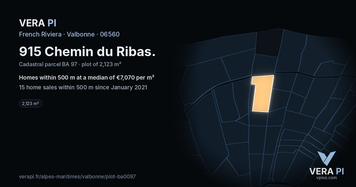 915 Chemin du Ribas, Valbonne at night – the plot lit, the parcels around coloured by the prices near them