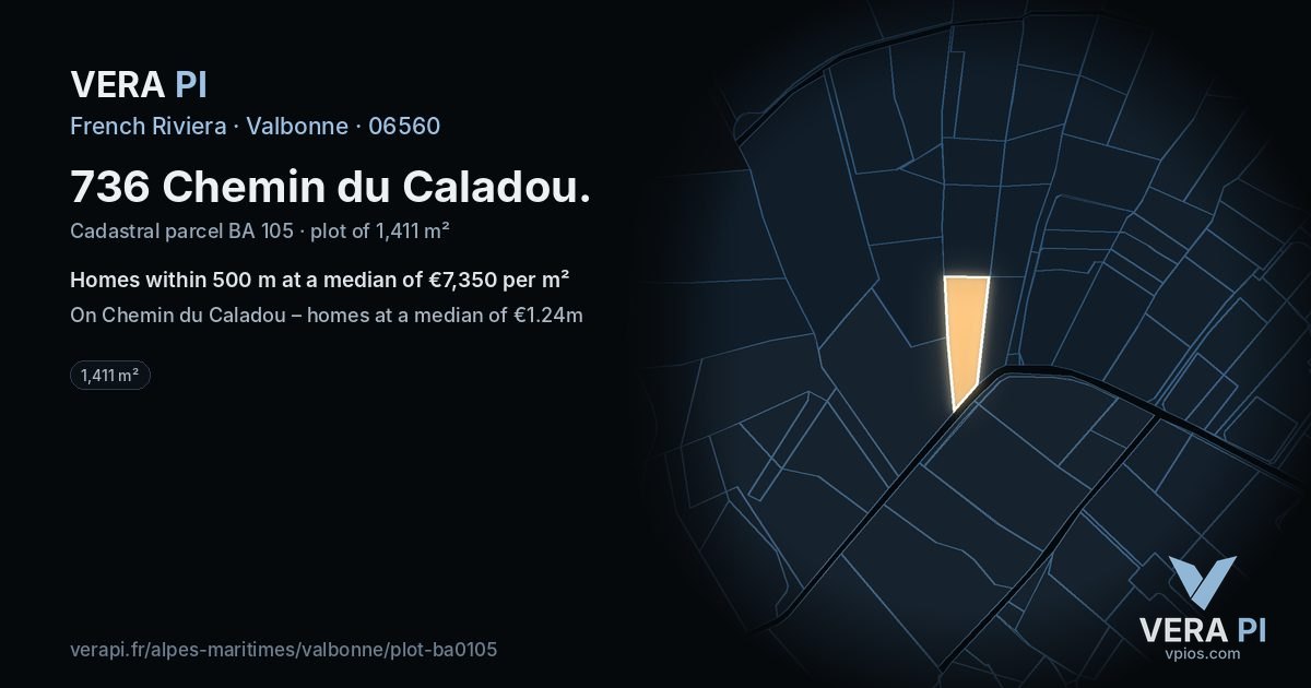 736 Chemin du Caladou, Valbonne at night – the plot lit, the parcels around coloured by the prices near them
