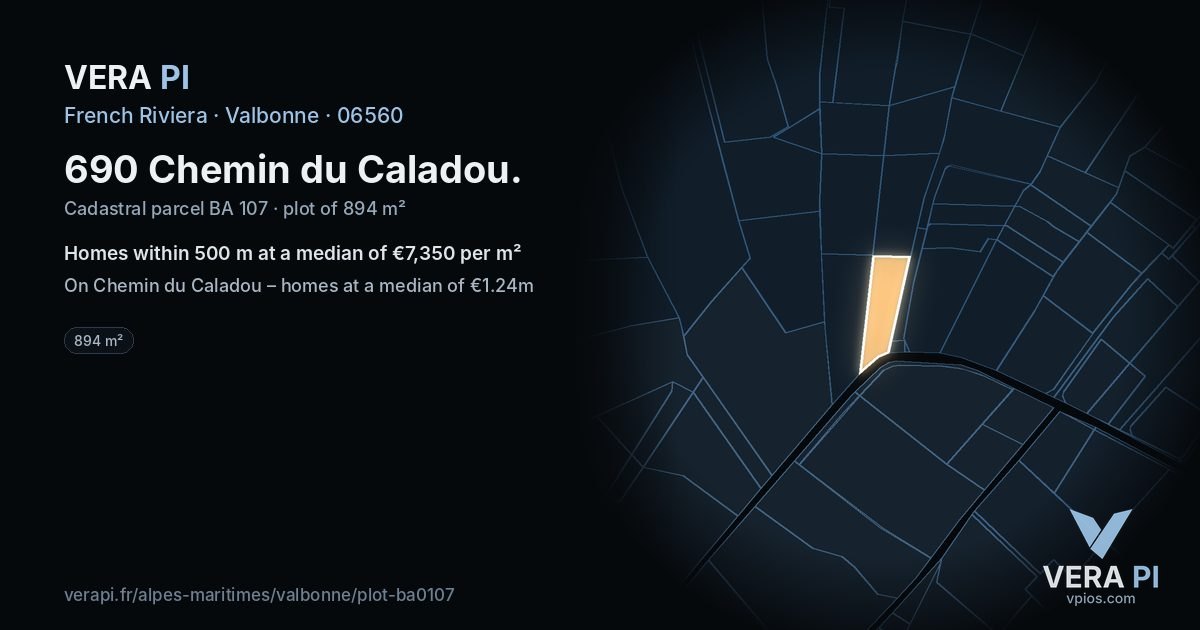 690 Chemin du Caladou, Valbonne at night – the plot lit, the parcels around coloured by the prices near them