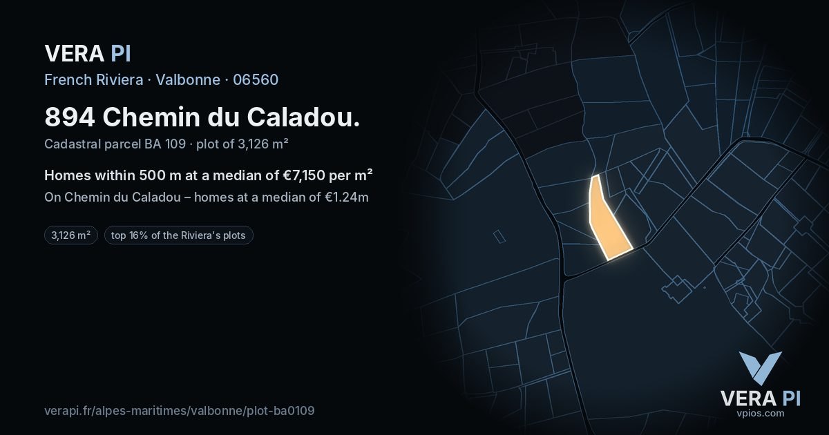 894 Chemin du Caladou, Valbonne at night – the plot lit, the parcels around coloured by the prices near them
