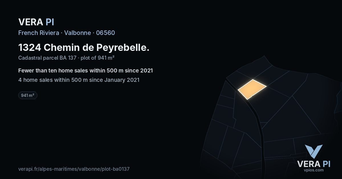 1324 Chemin de Peyrebelle, Valbonne at night – the plot lit, the parcels around coloured by the prices near them