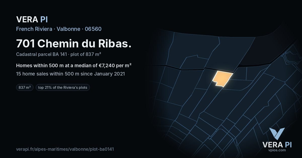 701 Chemin du Ribas, Valbonne at night – the plot lit, the parcels around coloured by the prices near them
