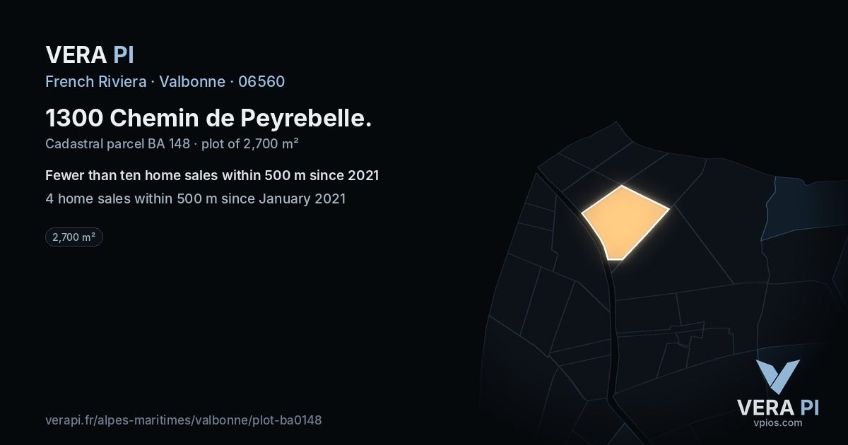 1300 Chemin de Peyrebelle, Valbonne at night – the plot lit, the parcels around coloured by the prices near them