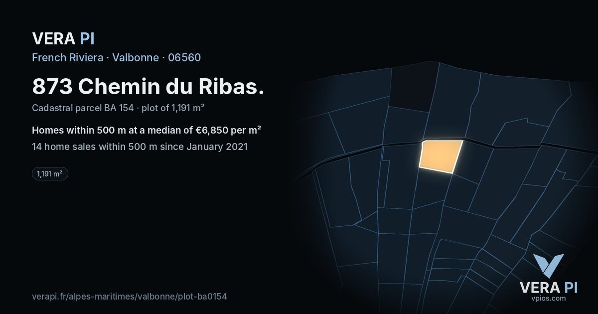 873 Chemin du Ribas, Valbonne at night – the plot lit, the parcels around coloured by the prices near them