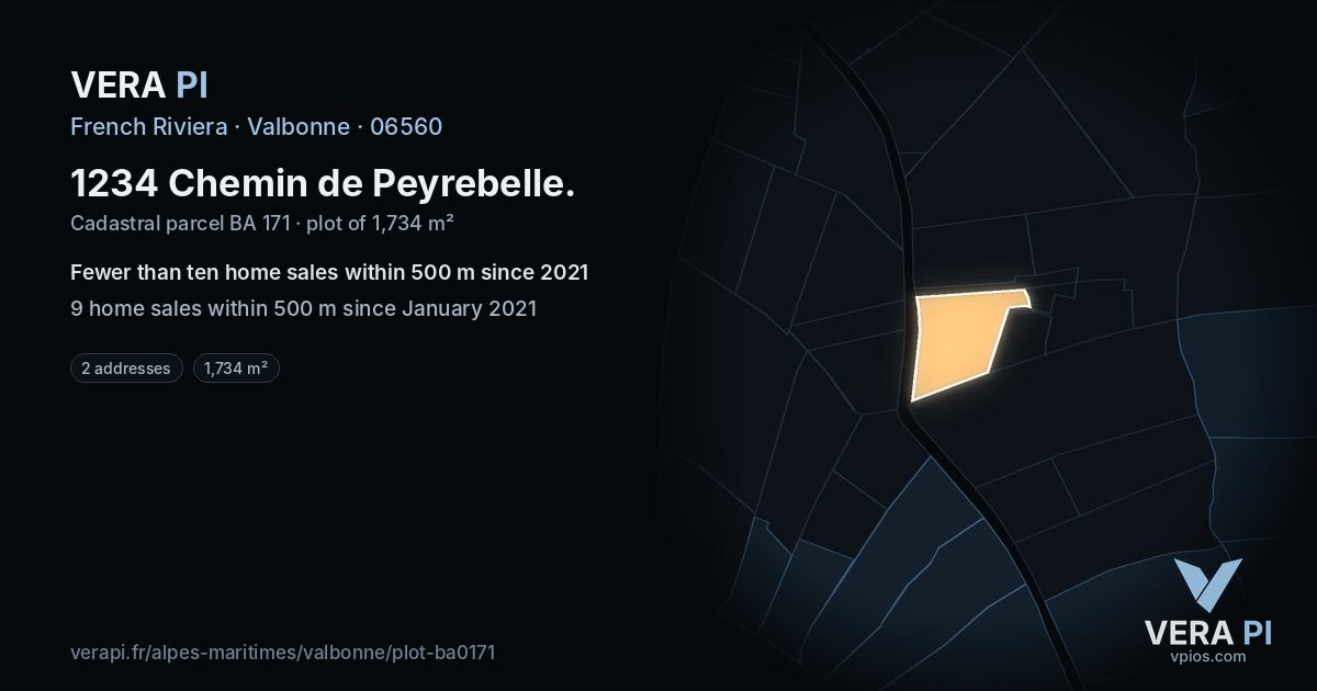 1234 Chemin de Peyrebelle, Valbonne at night – the plot lit, the parcels around coloured by the prices near them