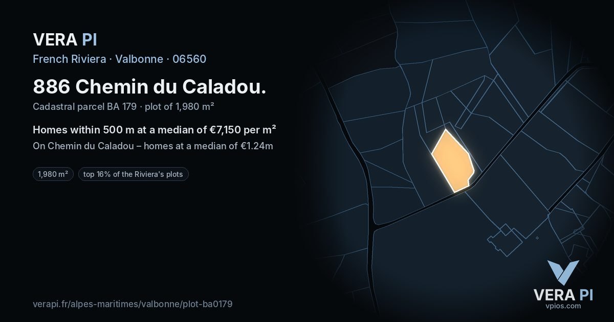 886 Chemin du Caladou, Valbonne at night – the plot lit, the parcels around coloured by the prices near them