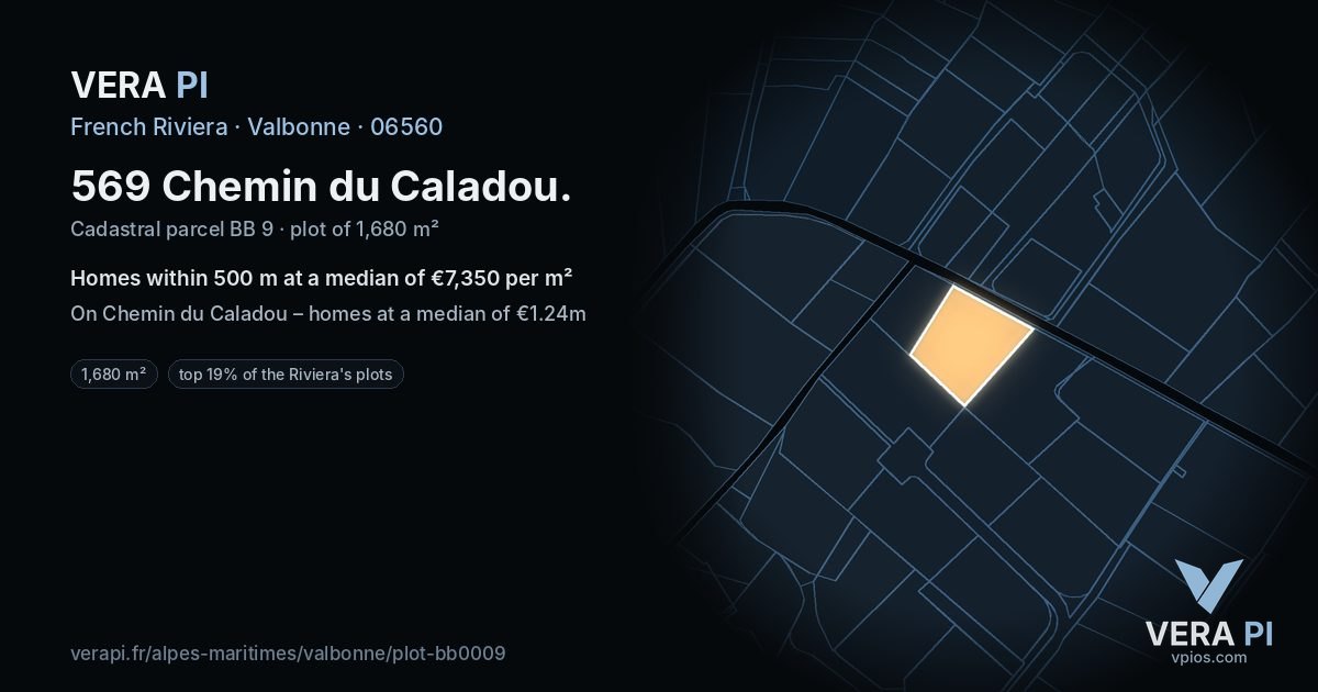 569 Chemin du Caladou, Valbonne at night – the plot lit, the parcels around coloured by the prices near them