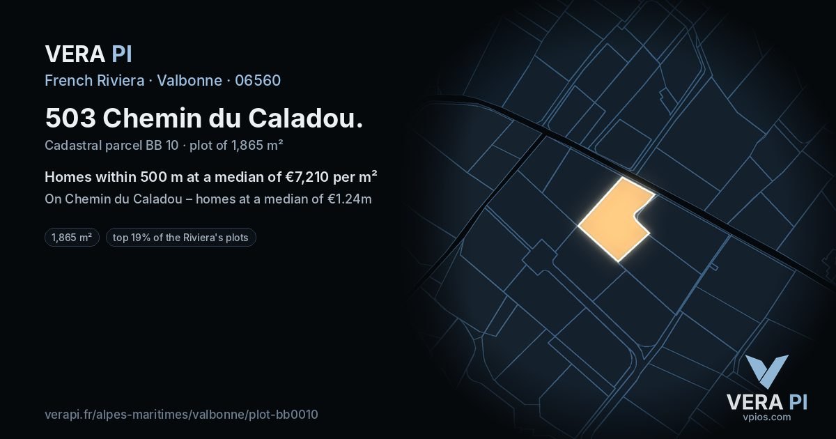 503 Chemin du Caladou, Valbonne at night – the plot lit, the parcels around coloured by the prices near them