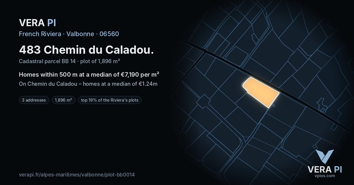 483 Chemin du Caladou, Valbonne at night – the plot lit, the parcels around coloured by the prices near them