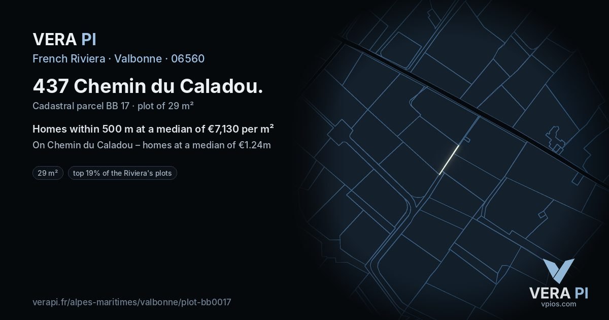 437 Chemin du Caladou, Valbonne at night – the plot lit, the parcels around coloured by the prices near them