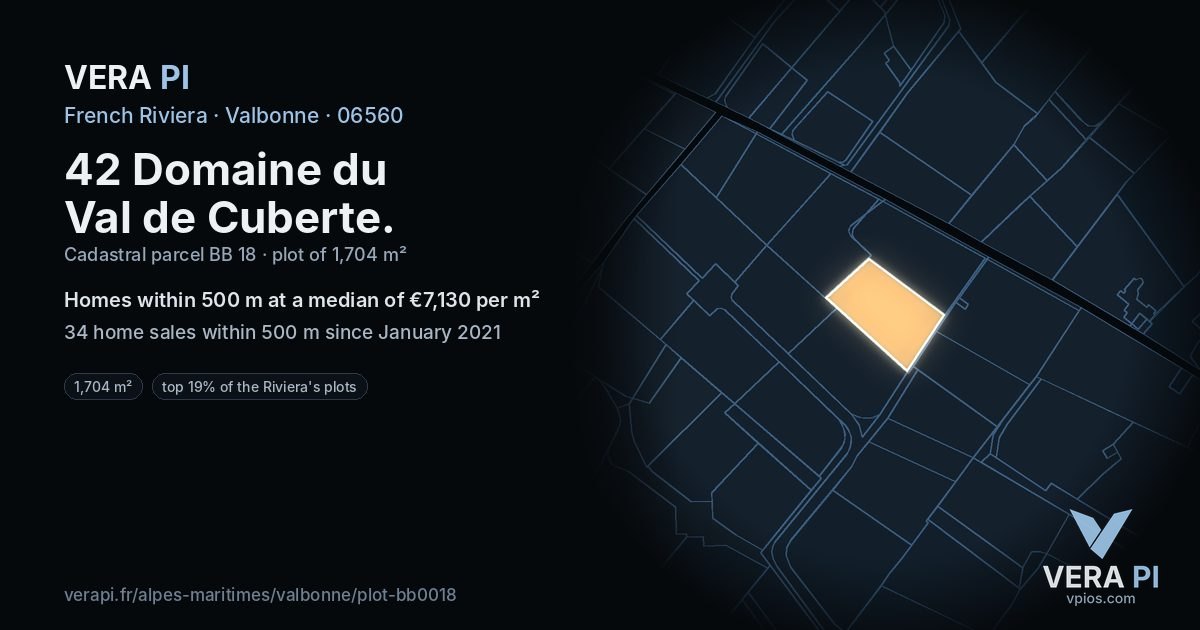 42 Domaine du Val de Cuberte, Valbonne at night – the plot lit, the parcels around coloured by the prices near them