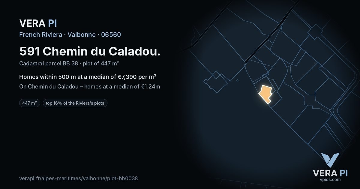 591 Chemin du Caladou, Valbonne at night – the plot lit, the parcels around coloured by the prices near them