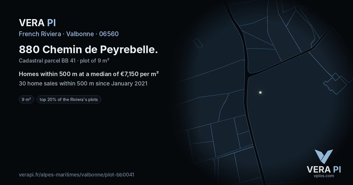 880 Chemin de Peyrebelle, Valbonne at night – the plot lit, the parcels around coloured by the prices near them