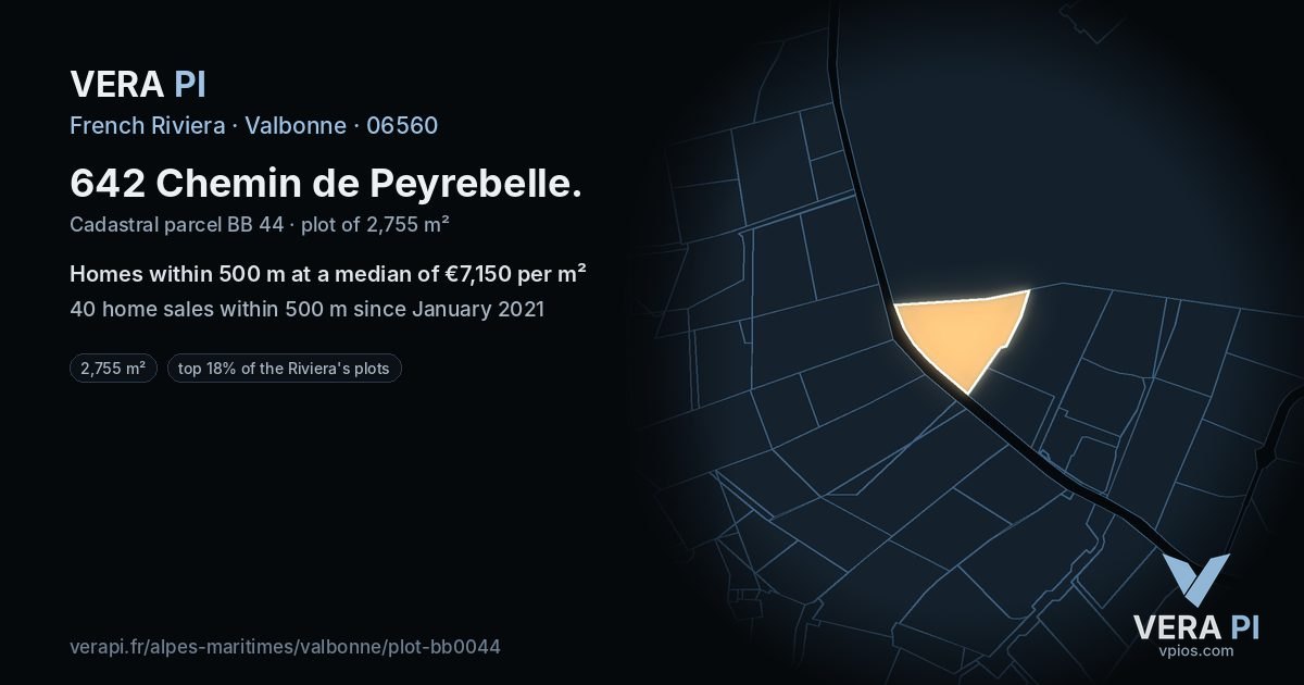 642 Chemin de Peyrebelle, Valbonne at night – the plot lit, the parcels around coloured by the prices near them