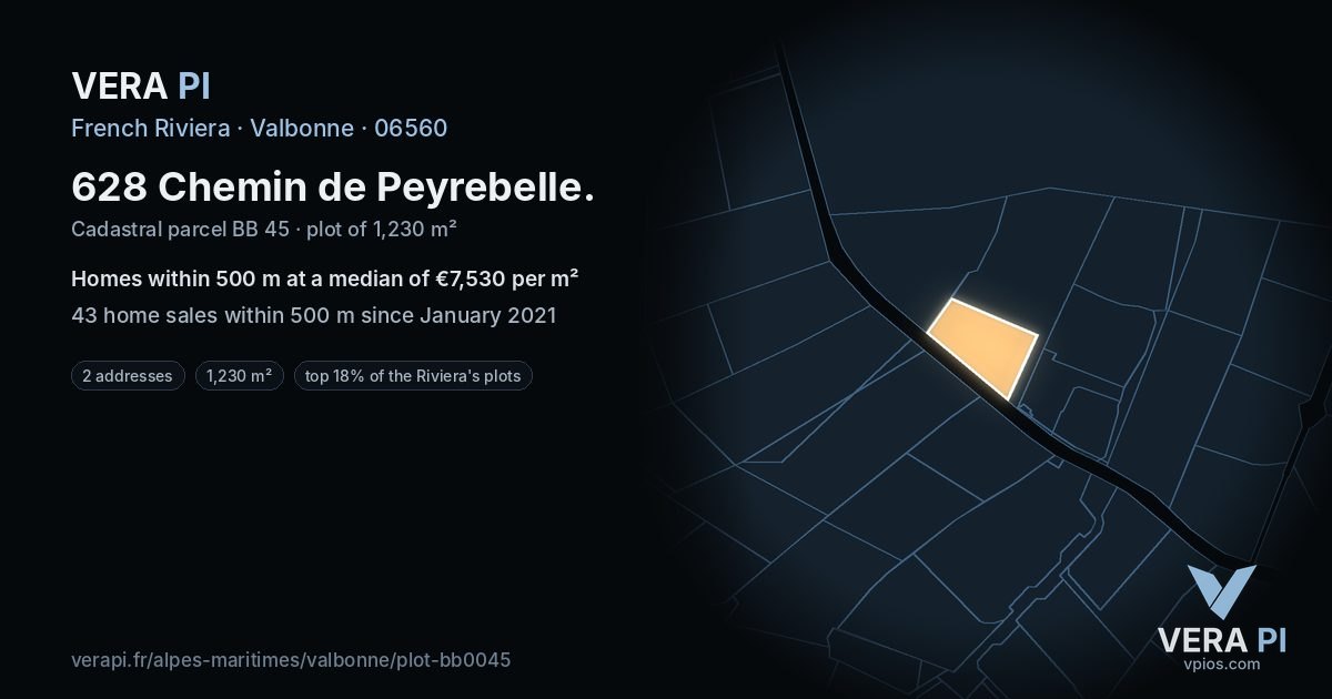 628 Chemin de Peyrebelle, Valbonne at night – the plot lit, the parcels around coloured by the prices near them