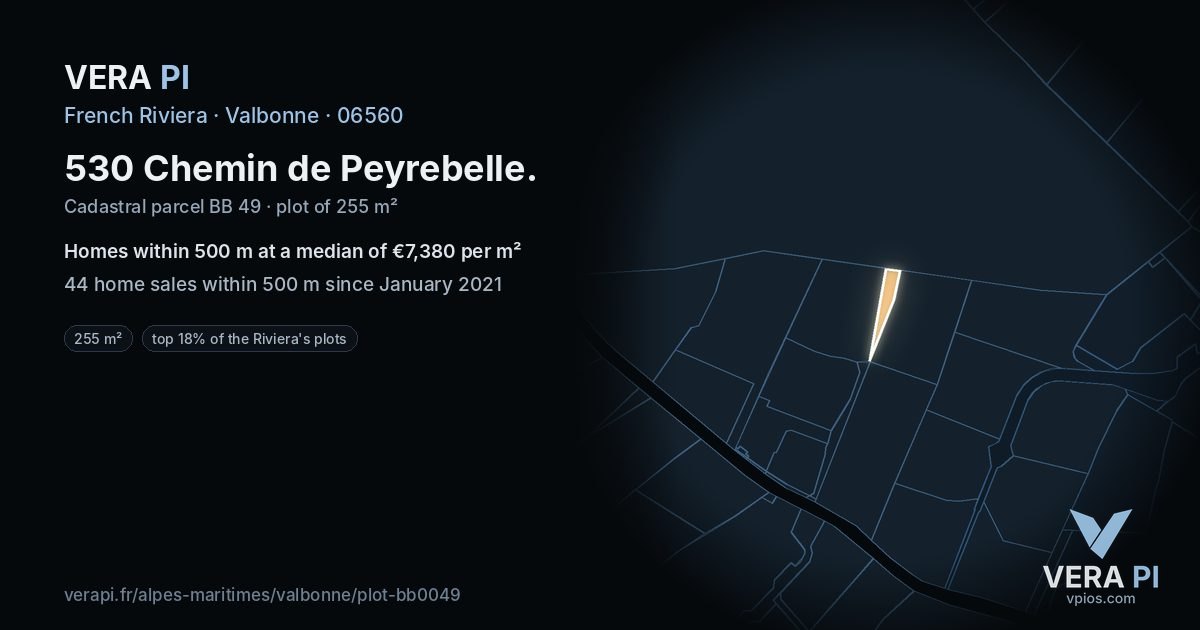 530 Chemin de Peyrebelle, Valbonne at night – the plot lit, the parcels around coloured by the prices near them