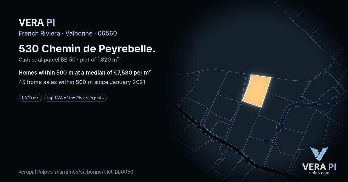 530 Chemin de Peyrebelle, Valbonne at night – the plot lit, the parcels around coloured by the prices near them